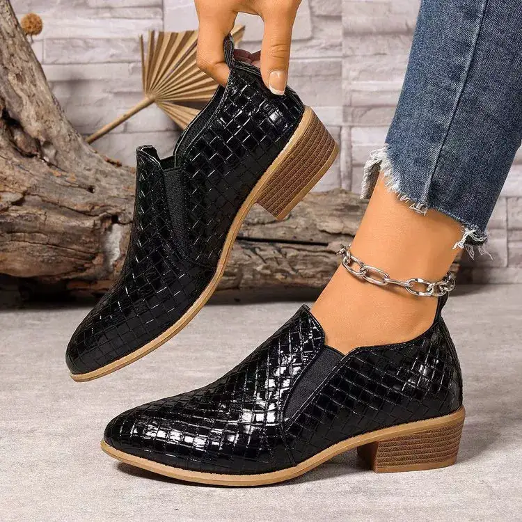 Textured Pointed Toe Block Heel Ankle Boots