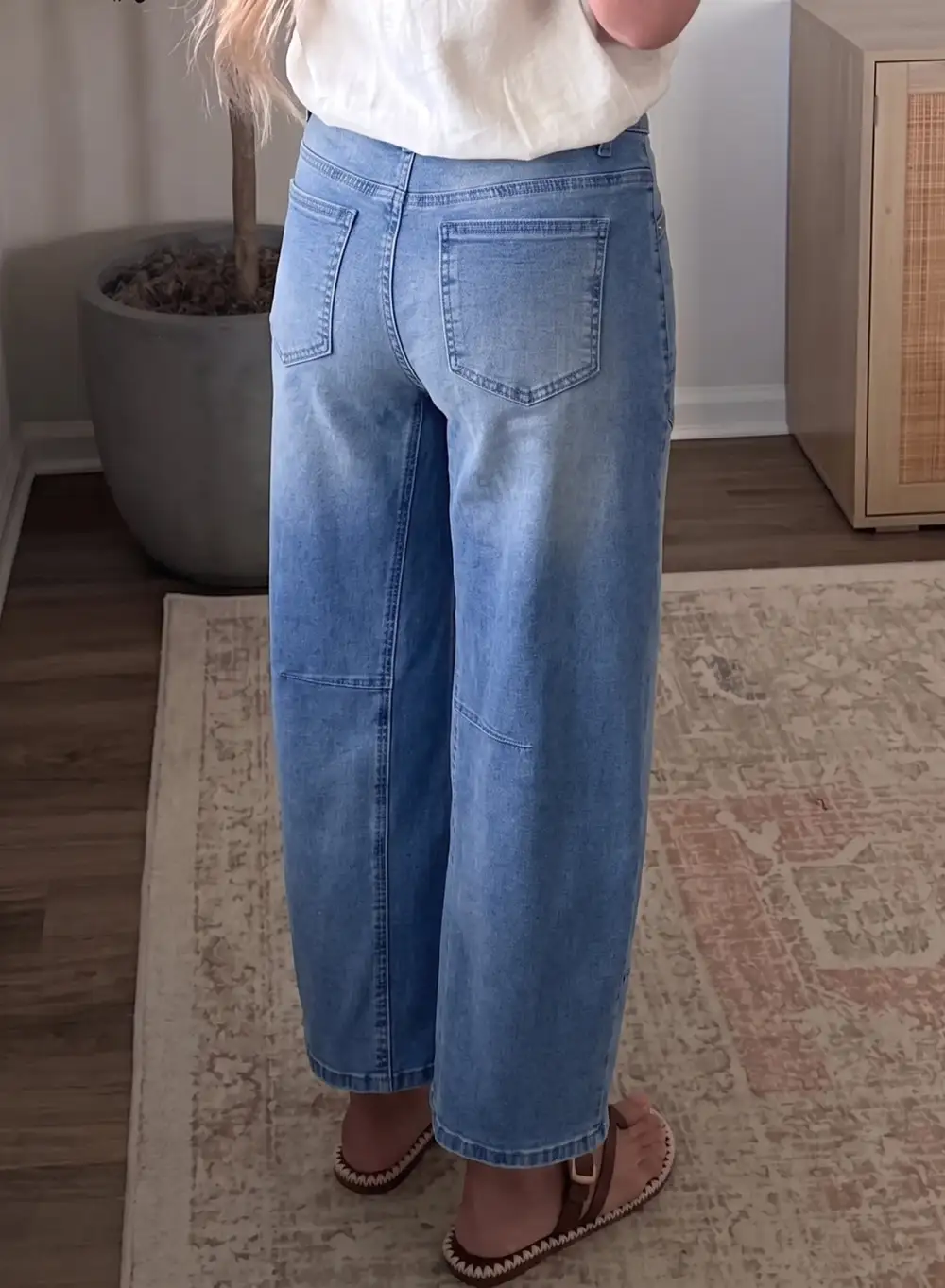 Women's Solid Patchwork Grommet Tie Waist Loose Ankle Length Jeans