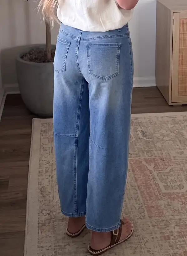 Women's Solid Patchwork Grommet Tie Waist Loose Ankle Length Jeans