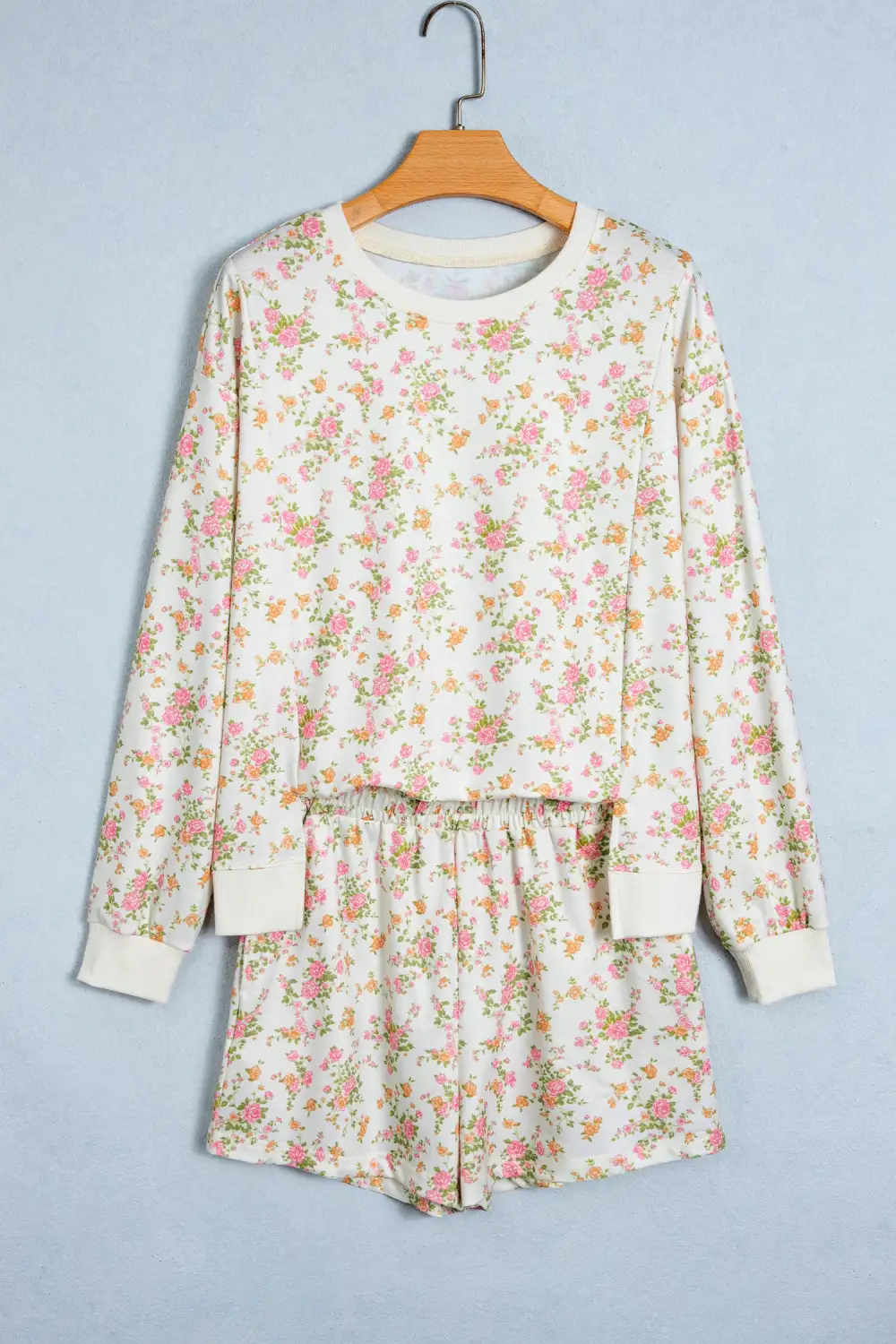 Women's Floral Print Long Sleeve Shift Top Pocketed Shorts Two Piece Set