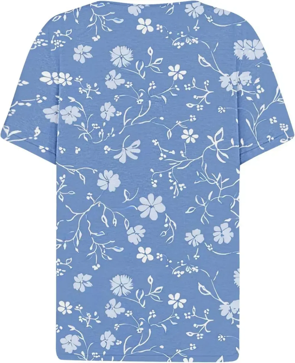 Shirts for Women Casual Printed Summer Tops Short-Sleeved Button V-Neck Tops Blouse Fashion Boho T-Shirts