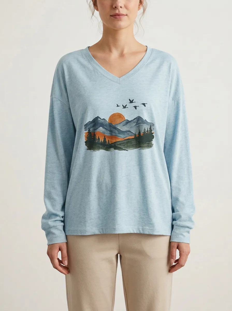 Women's Landscape Graphic V-Neck Long-Sleeve T-Shirt
