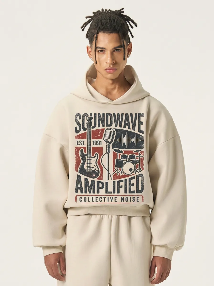 Men‘s Music Lover Soundwave Guitar Drum Printed Hoodie
