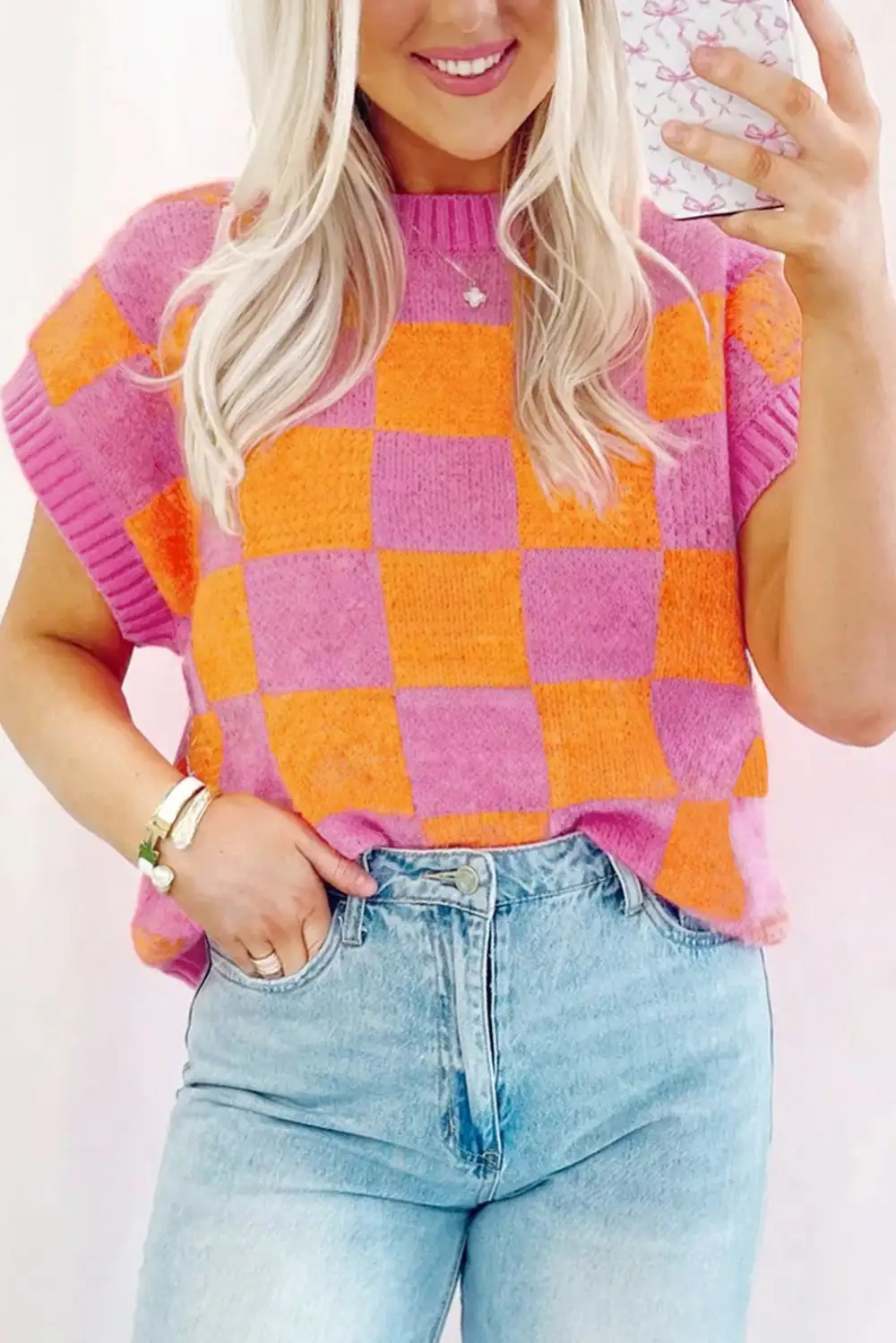 Colorblock Plaid Pattern Ribbed Trim Knit Tank Top