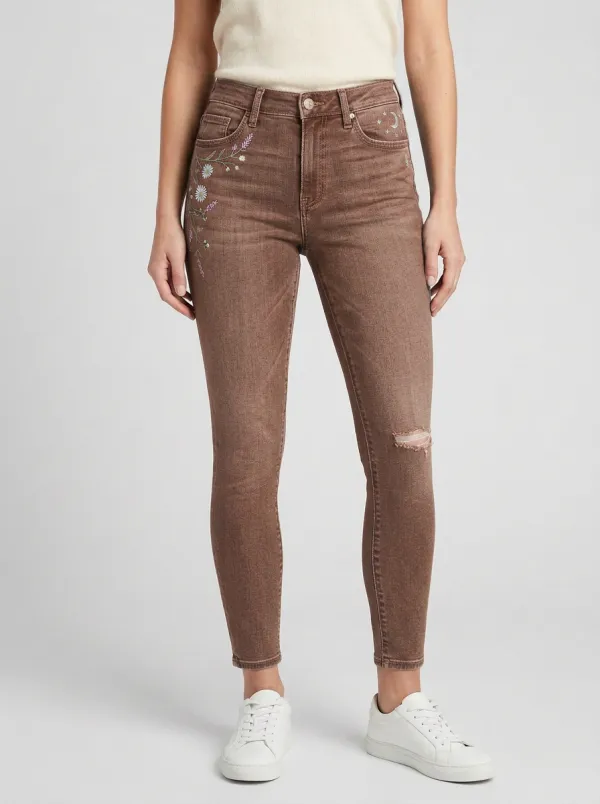 Women's Floral Moon Celestial Embroidered Printed Slim Jeans