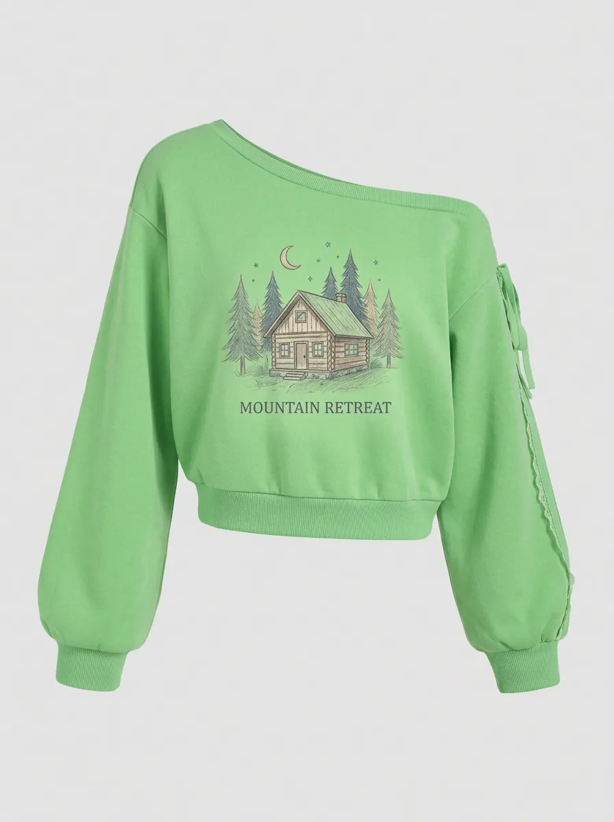 Women's Nature-Inspired Mountain Cabin Forest Printed Off-Shoulder Sweatshirt
