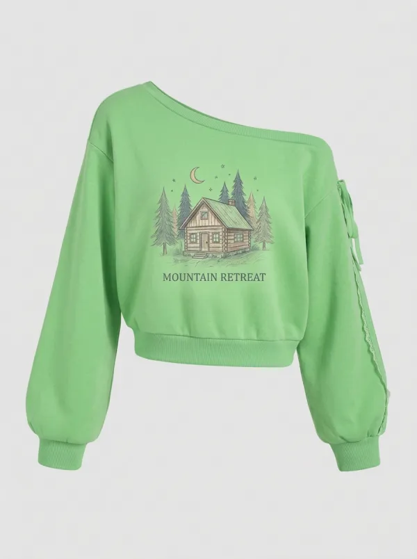 Women's Nature-Inspired Mountain Cabin Forest Printed Off-Shoulder Sweatshirt