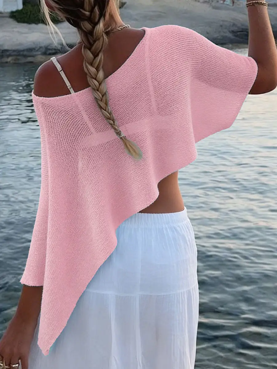 Sheer Detail Asymmetric One Shoulder Relaxed Fit Knit Cape