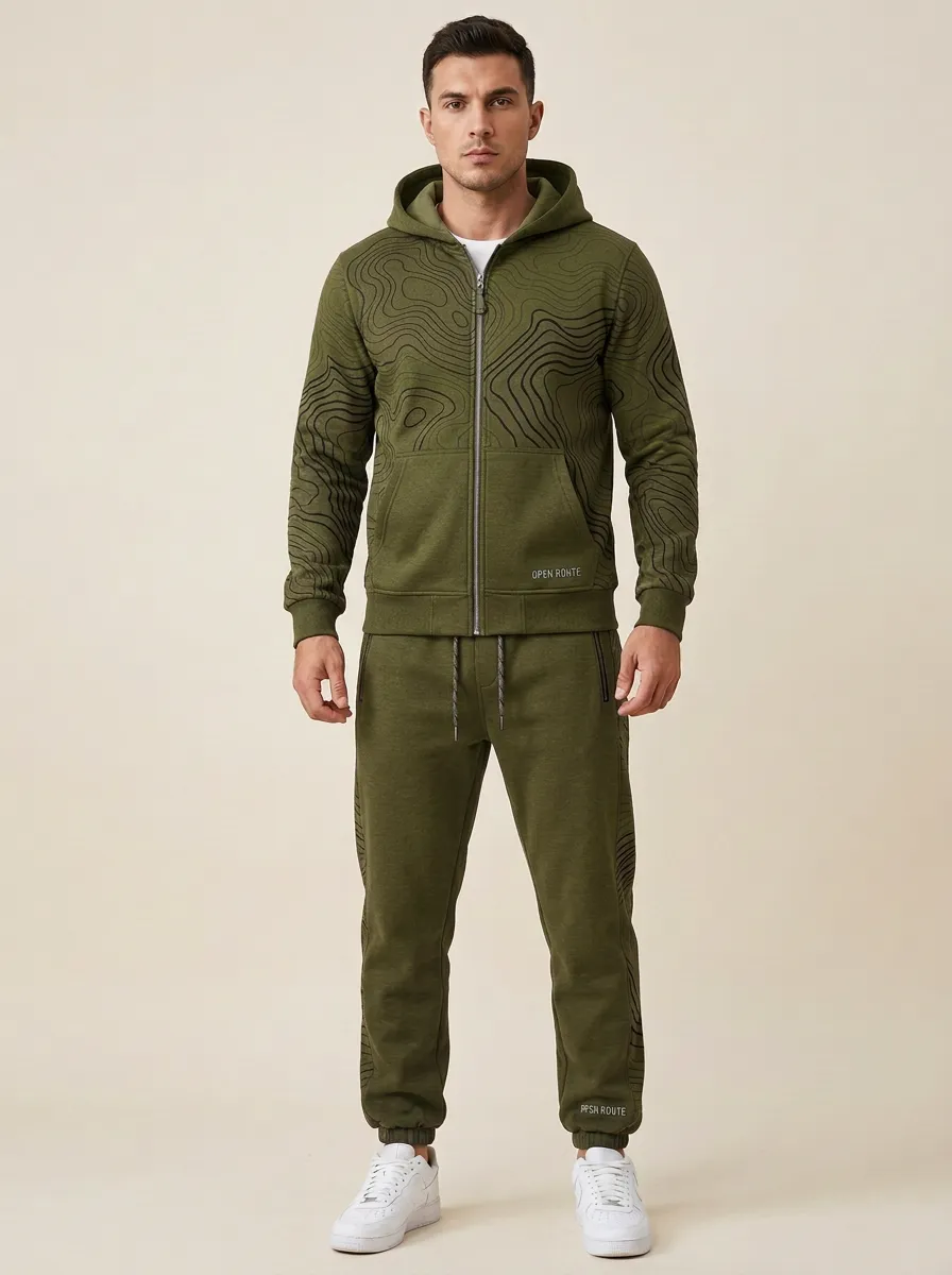 Men's Casual Outdoor Adventure Topographic Print Jogger Set