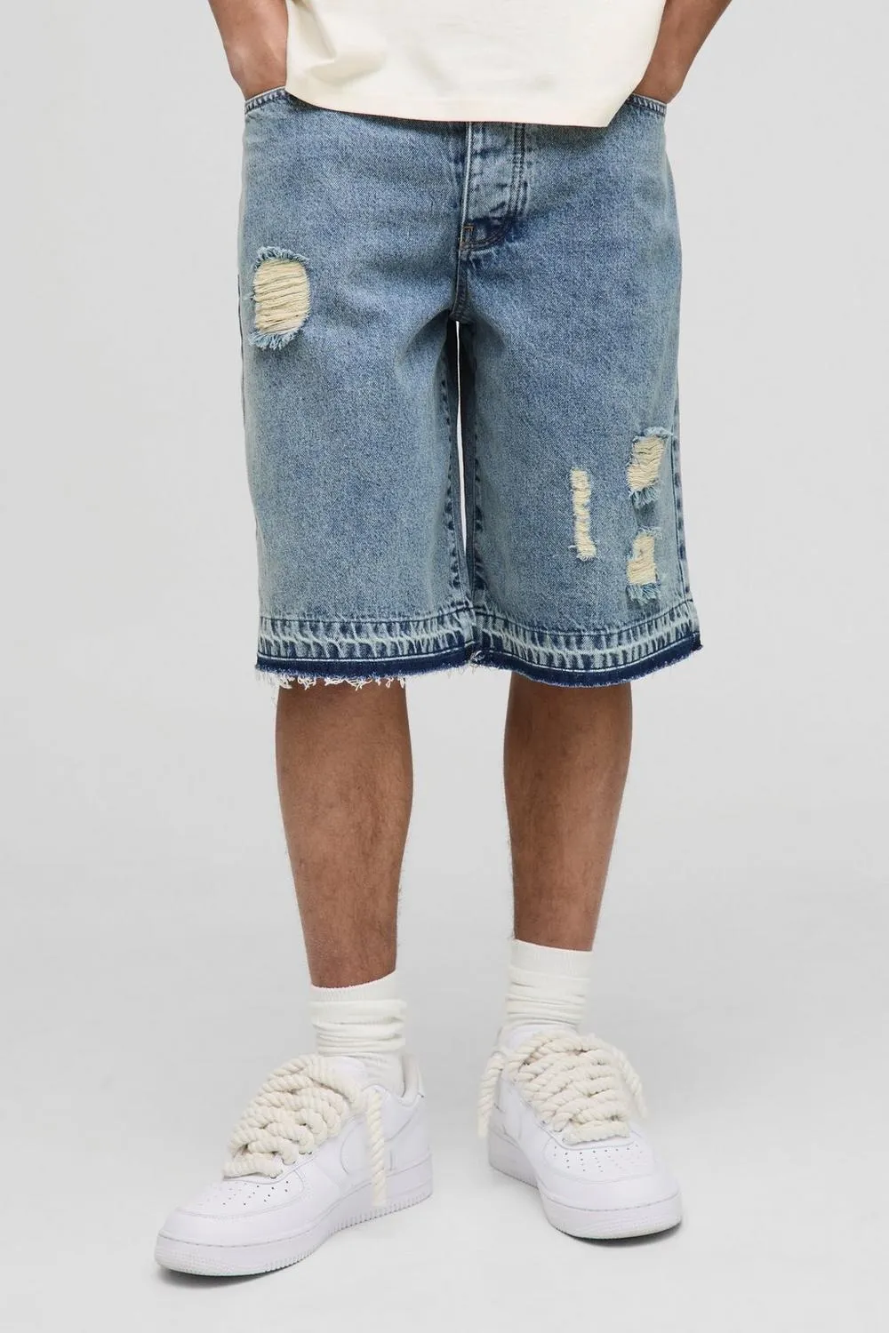 Light Blue Medium Stretch Washed Ripped Denim Jorts Daily