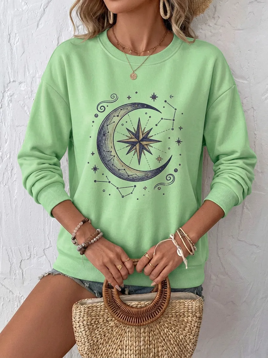 Women's Celestial Astrology Moon Star Printed Sweatshirt