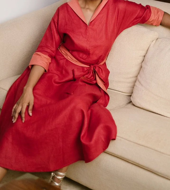 Rust Orange Linen Flared Dress
