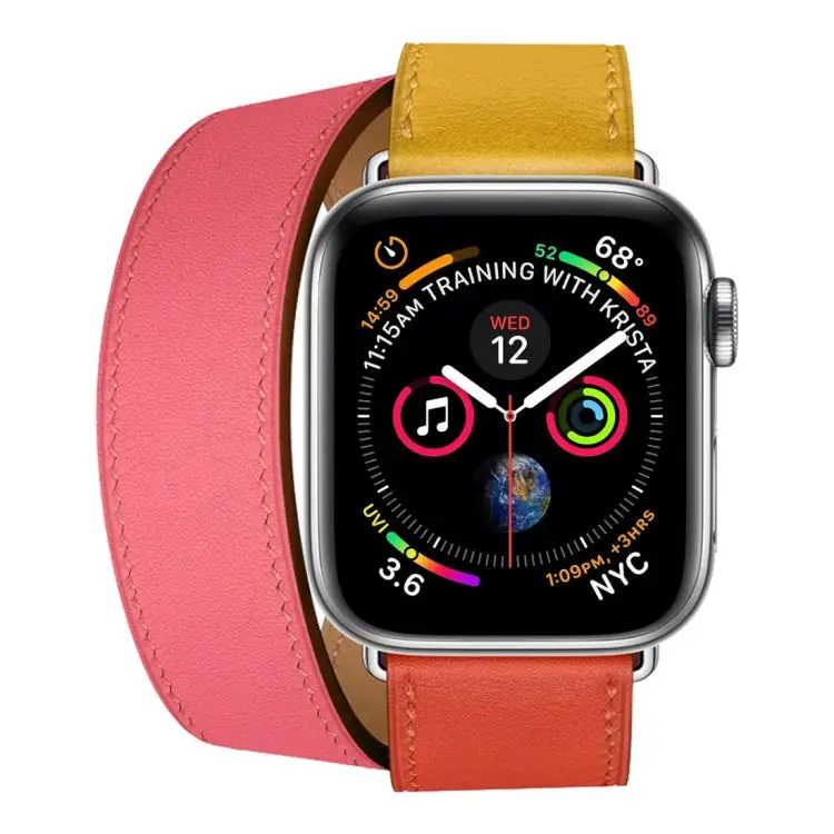 Two-Tone Double Loop Leather Wrist Strap Watch Band for Watch Series 3 & 2 & 1 38 mm - Amber And Orange Red And Light Rose Red