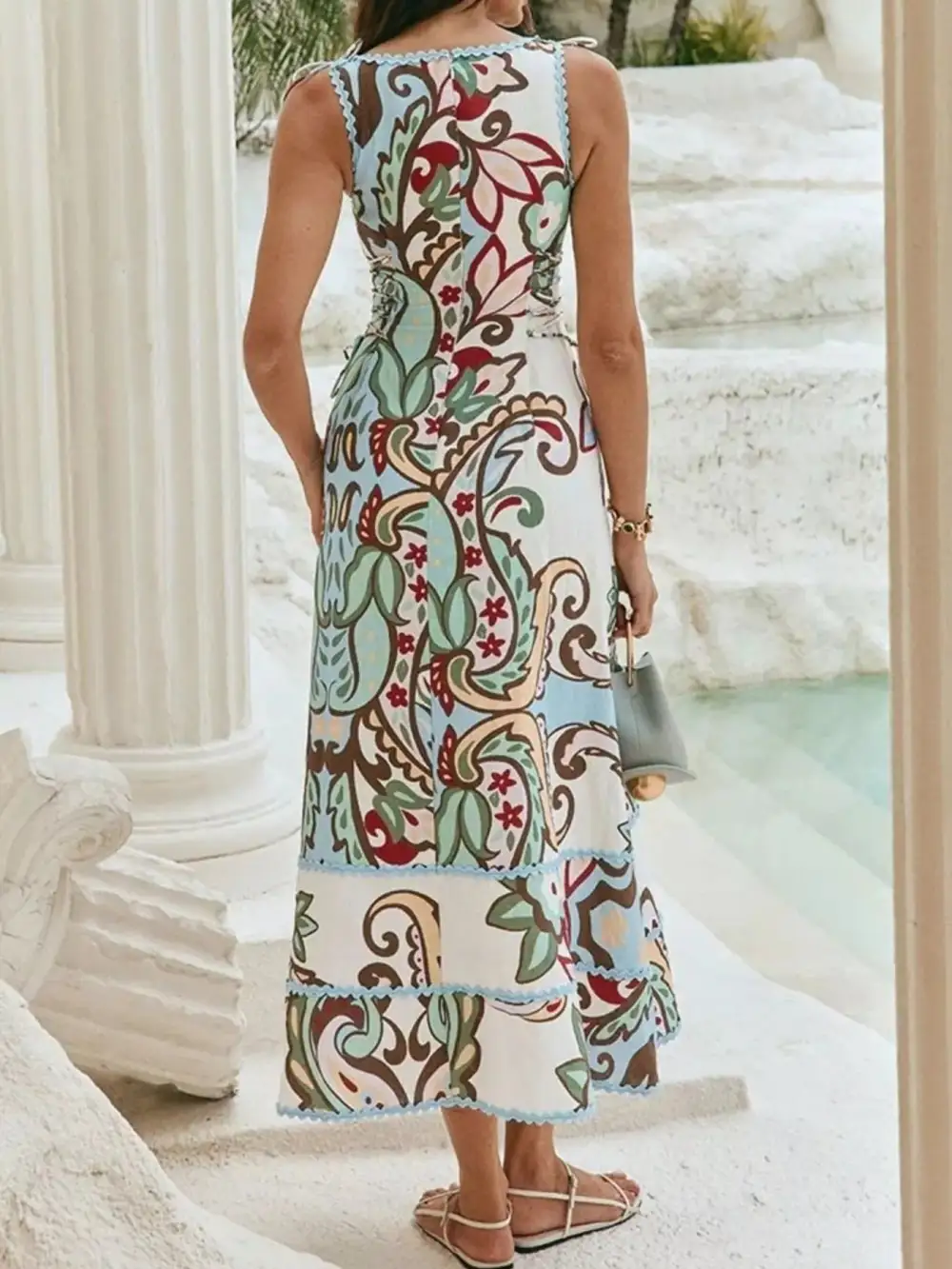 Floral Print Tie Shoulder Sleeveless Tiered Midi Dress