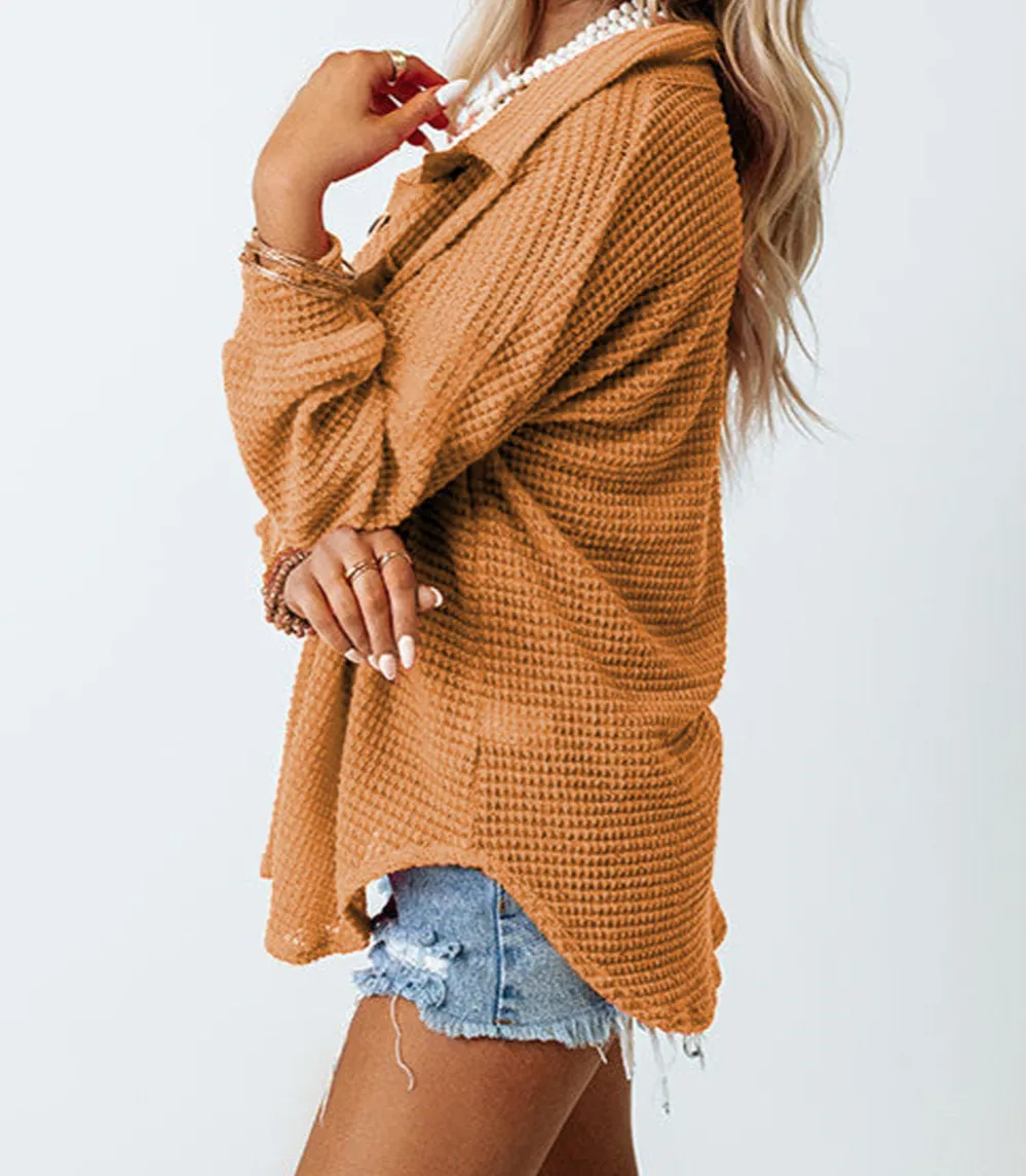 Waffle Knit Button Front Blouse