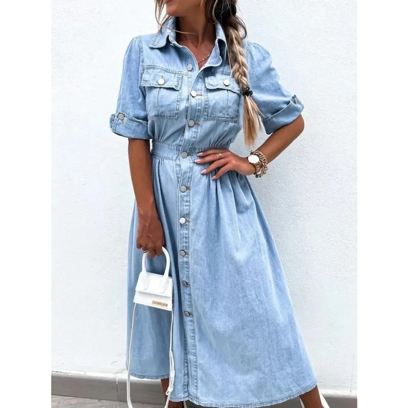 Plus Size Button-Down Roll-Up Sleeve Denim Shirt Dress