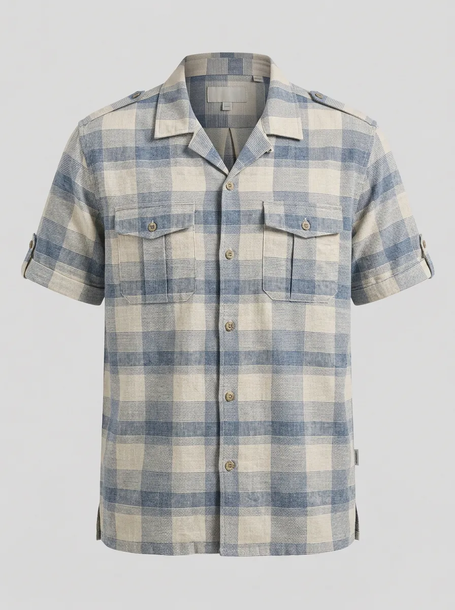 Men's Casual Summer Blue Plaid Pattern Printed Short Sleeve Shirt