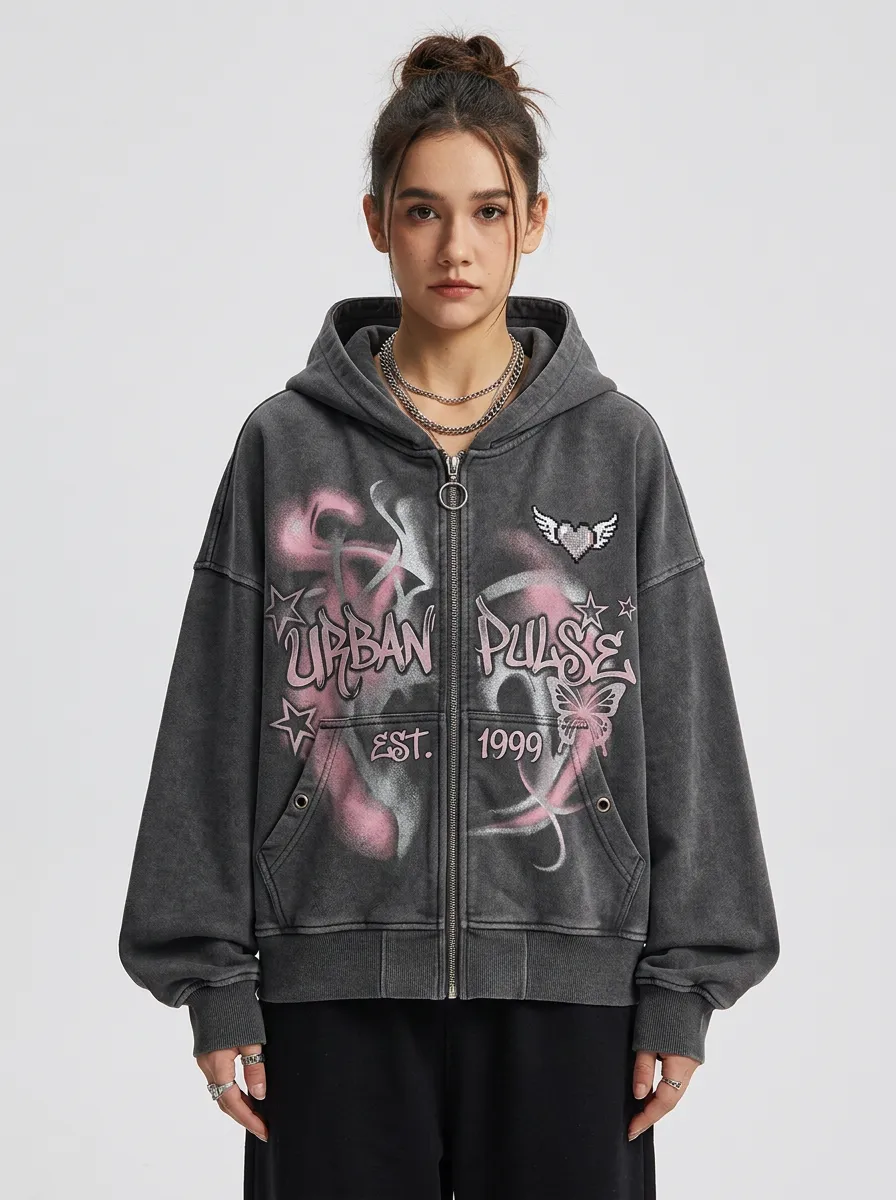 Women's Streetwear Urban Pulse Heart Butterfly Printed Zip-up Hoodie
