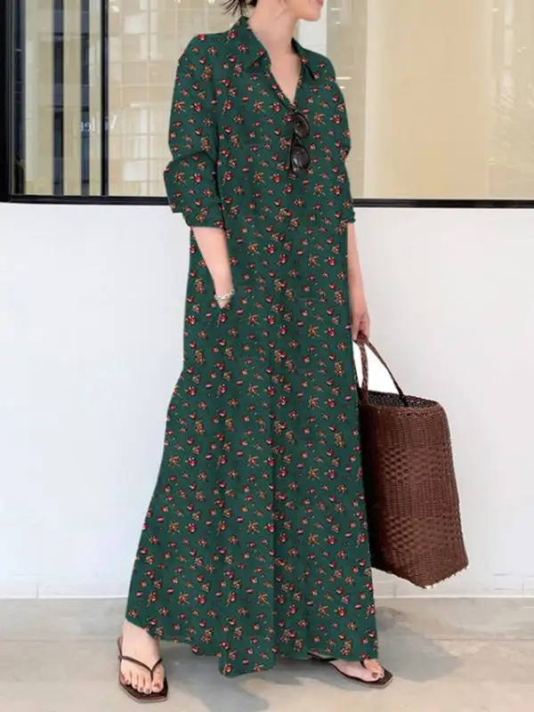 Printed Long Sleeve Shirt Maxi Dress