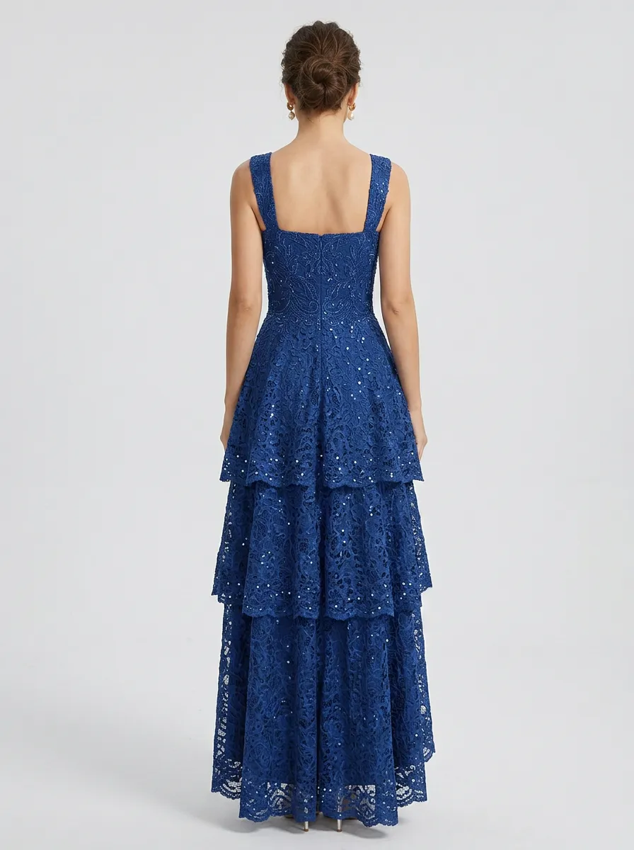 Women's Lace Sequined Tiered High-Low Evening Gown