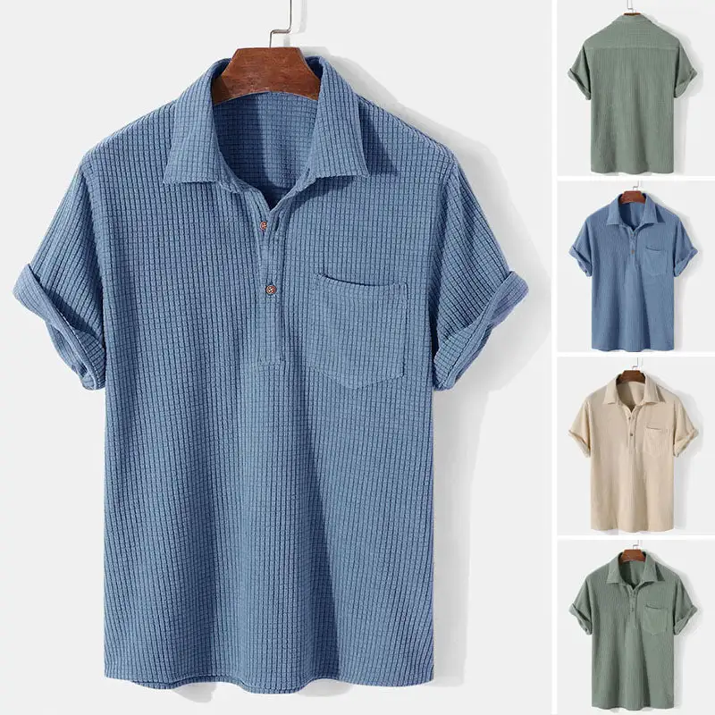 Waffle Texture Button Placket Chest Pocket Fine Knit Polo Shirt