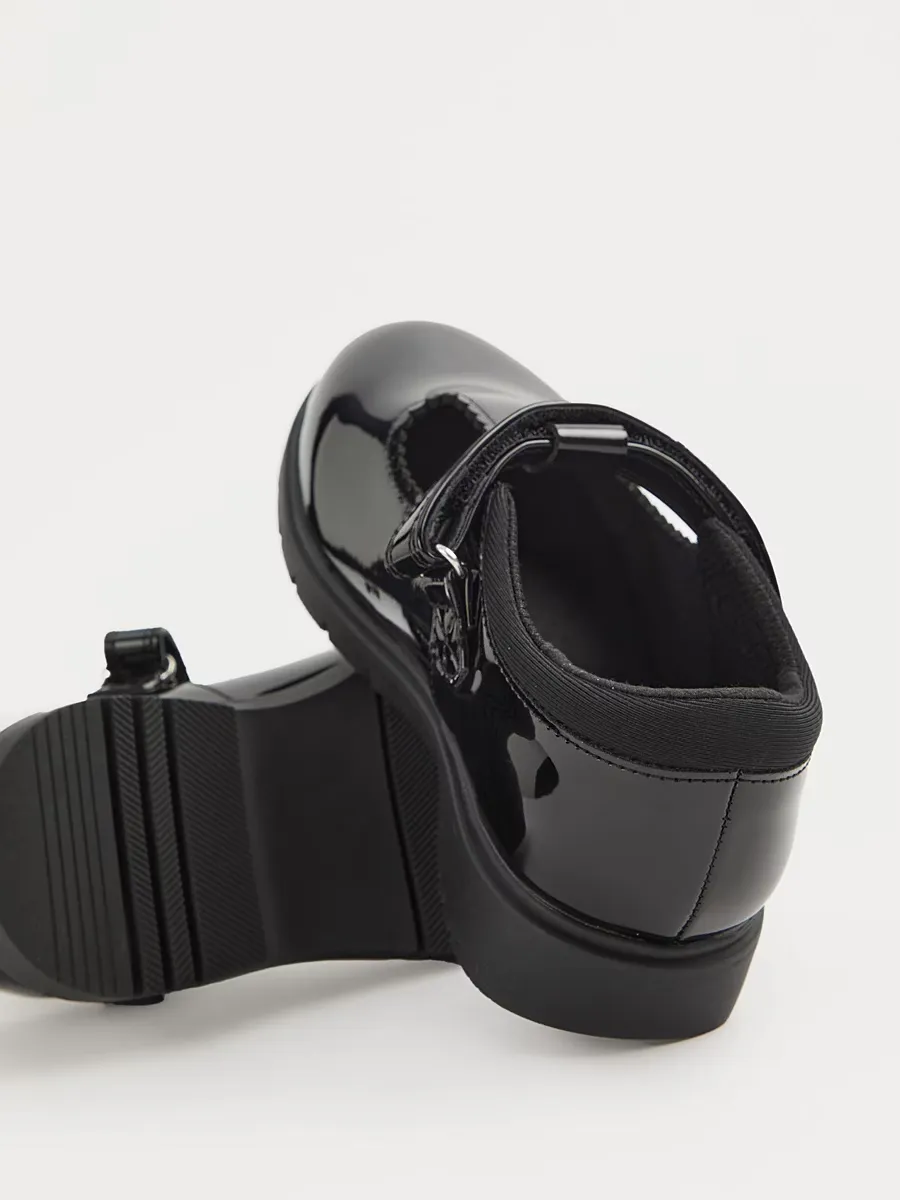 Wide Fit Black Patent Scallop T-Bar School Shoes