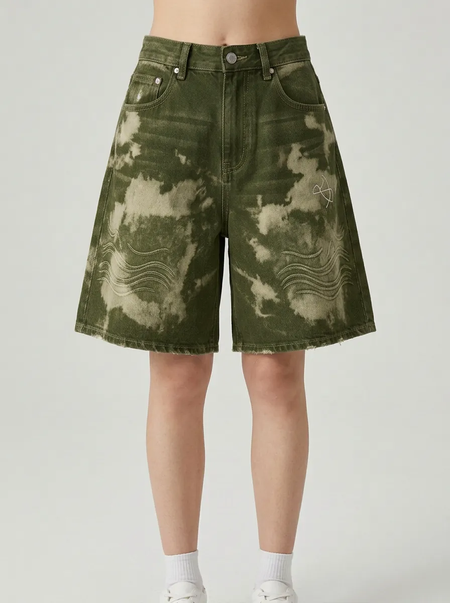 Cloud Wash Wave Embroidered Graphic Denim Shorts
