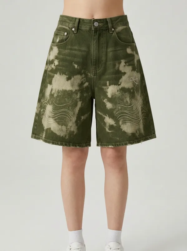 Cloud Wash Wave Embroidered Graphic Denim Shorts