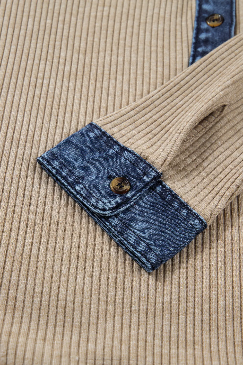 Beige Ribbed Knit Denim Patchwork Top