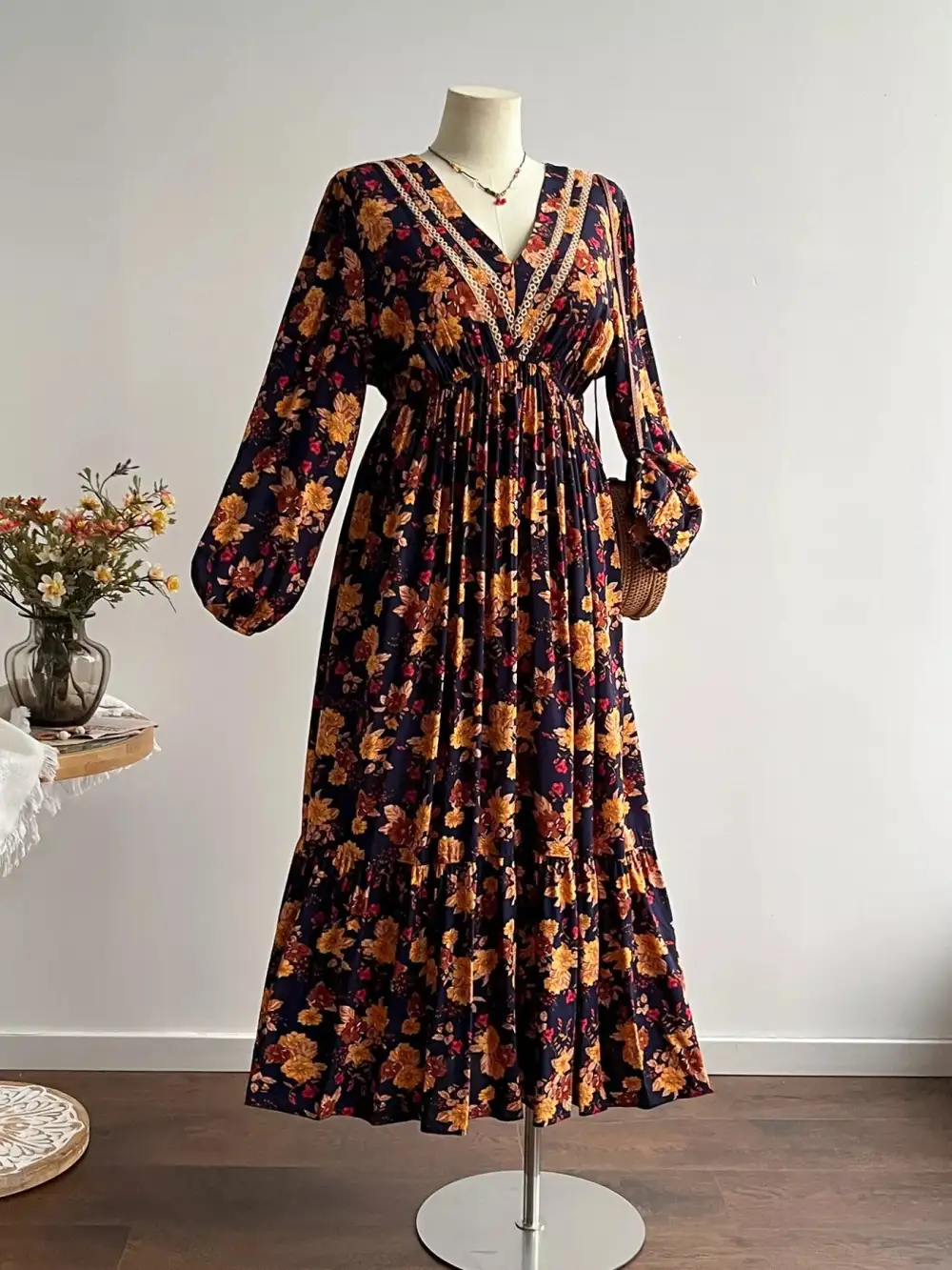 Plus Size Floral Print V Neck Maxi Dress