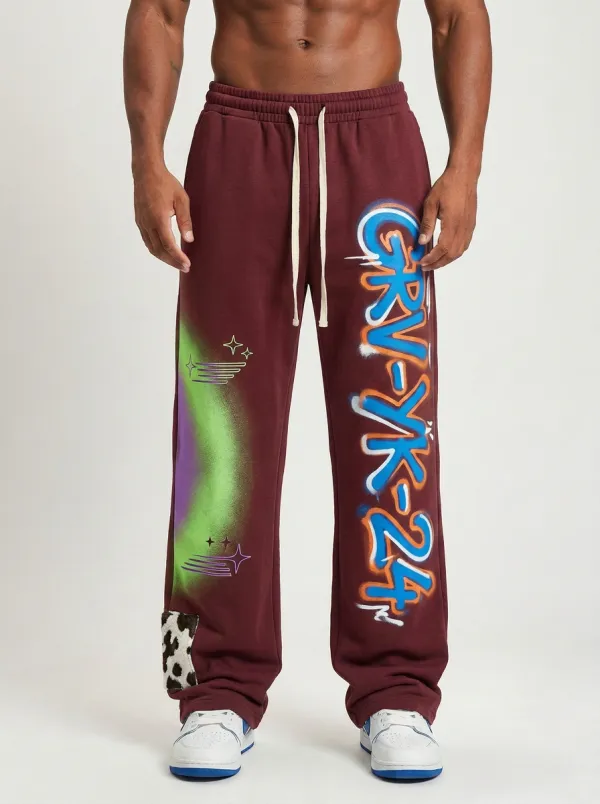 Men's Streetwear Graffiti Logo Animal Patch Printed Sweatpants