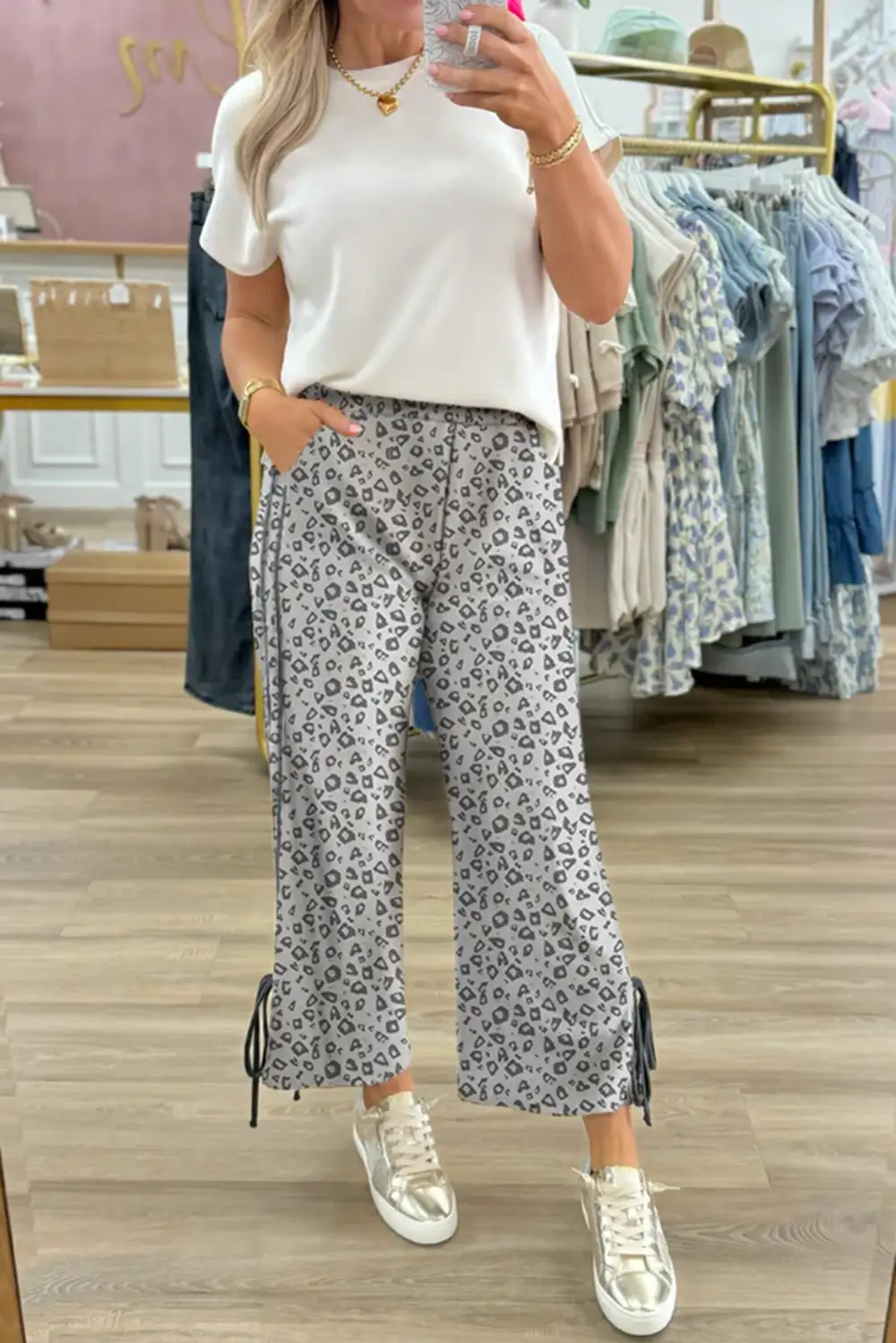 High-Waist Bow-Waist Leopard-Print Straight Leg Jeans