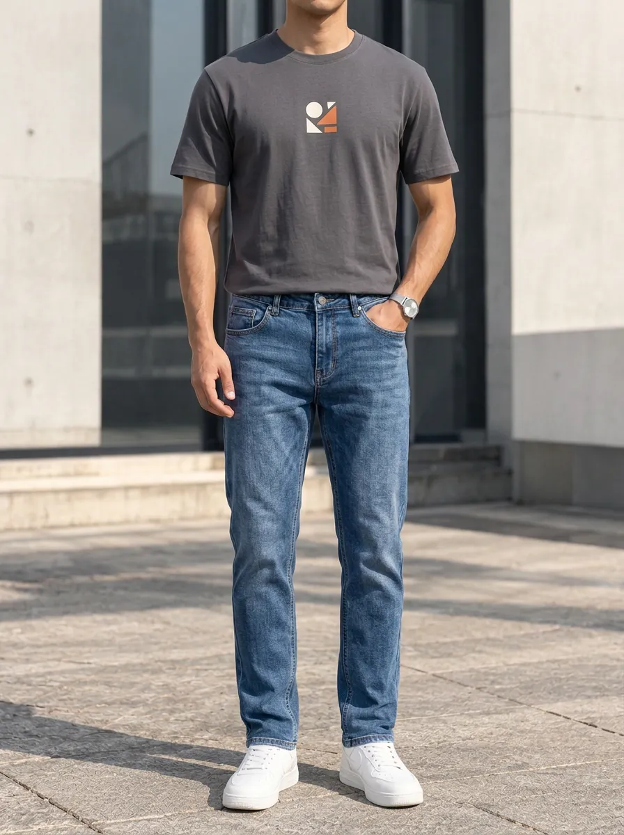 Men's Minimalist Geometric Graphic Printed T-Shirt and Jeans Set