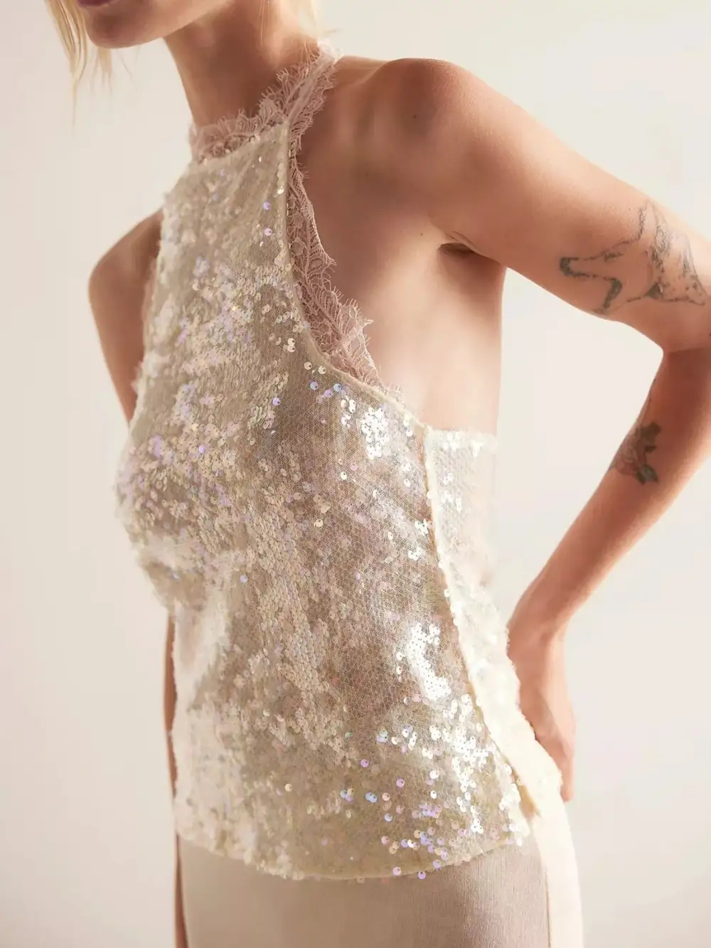 Sequin Lace Trim Halter Neck Cami