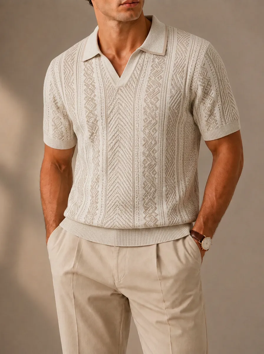 Men's Geometric Pattern Knit Polo Shirt with Vertical Texture