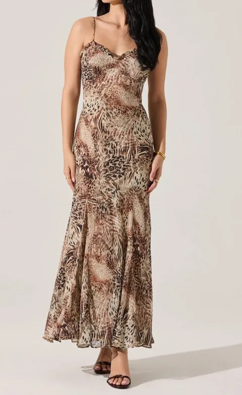 Brown Animal Print Ruffle Maxi Dress