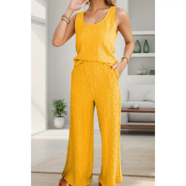 Textured Round Neck Top and Wide Leg Pants Set