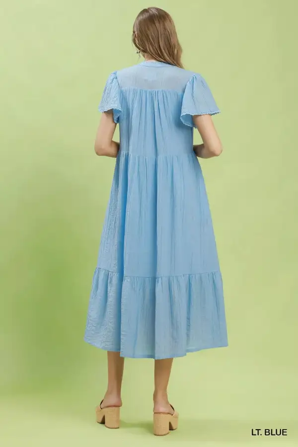 V-Neck Flutter Sleeve Tiered Lace Trim Midi Dress