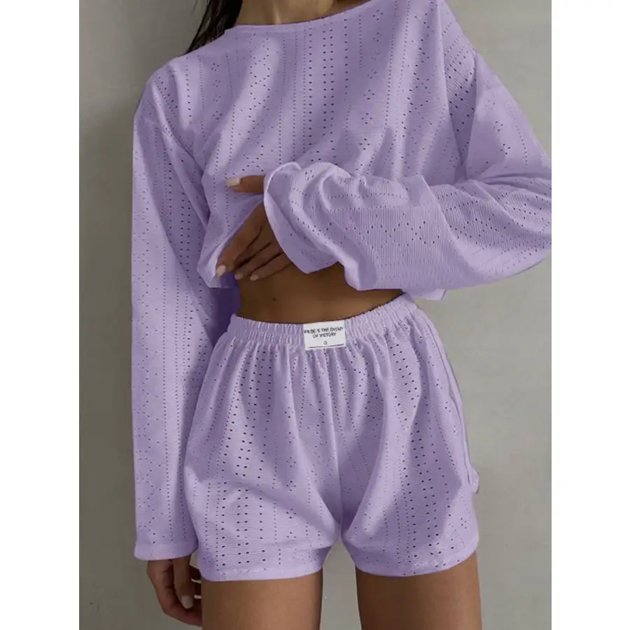 Relaxed Eyelet Round Neck Top and Shorts Set