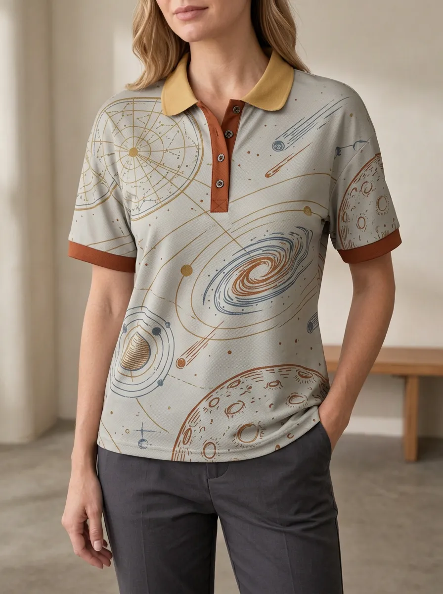 Women's Astronomy Lover Galaxy Planet Printed Polo Shirt