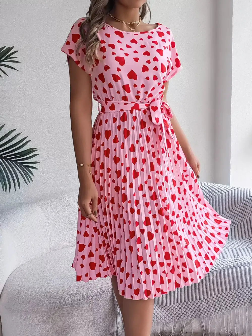 Heart Belted Pleated Midi Dress