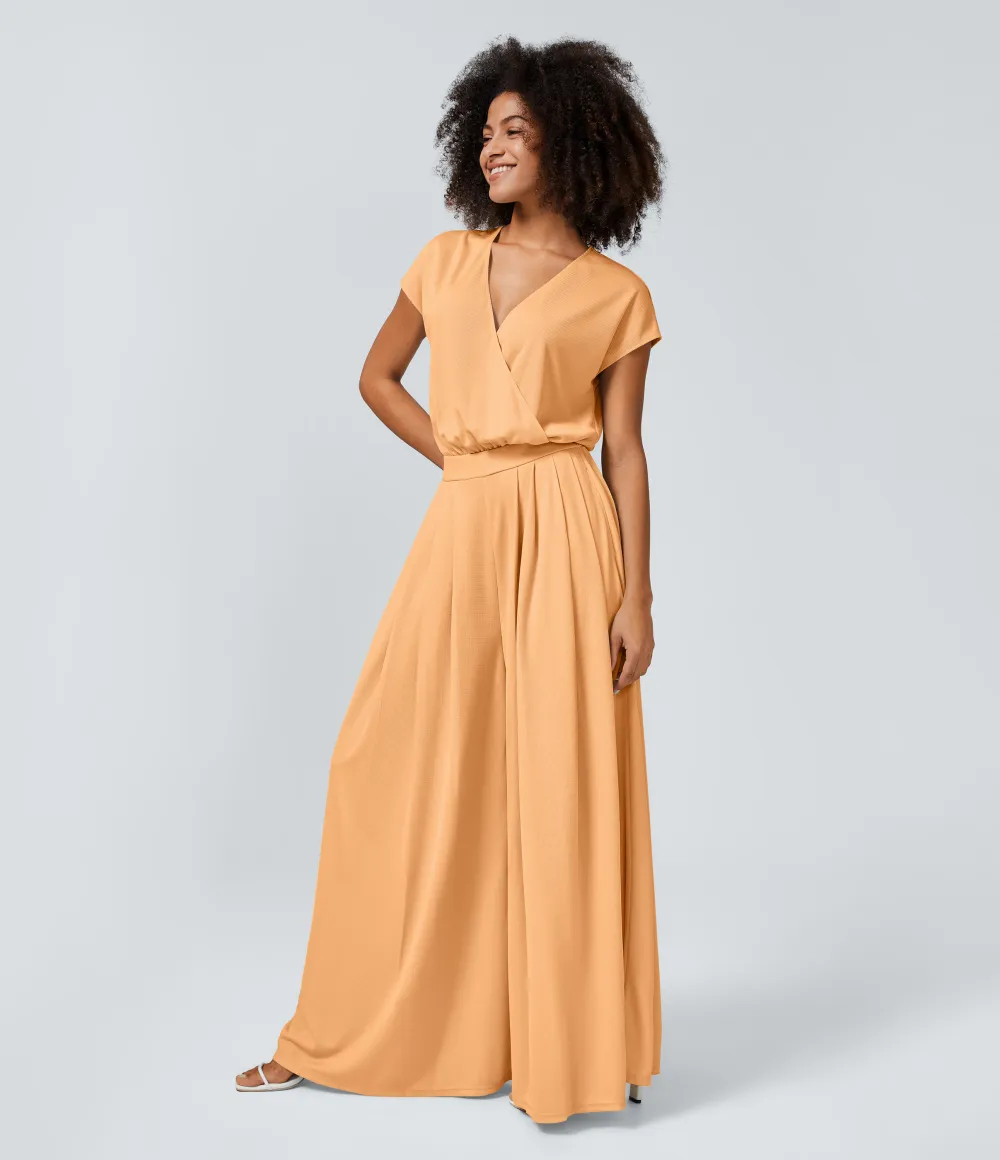 V Neck Short Sleeve Side Pocket Wide Leg Flowy Waffle Casual Jumpsuit