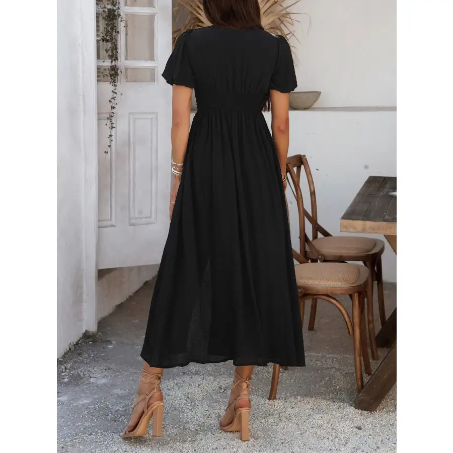 V-Neck Puff Short Sleeve Midi Dress