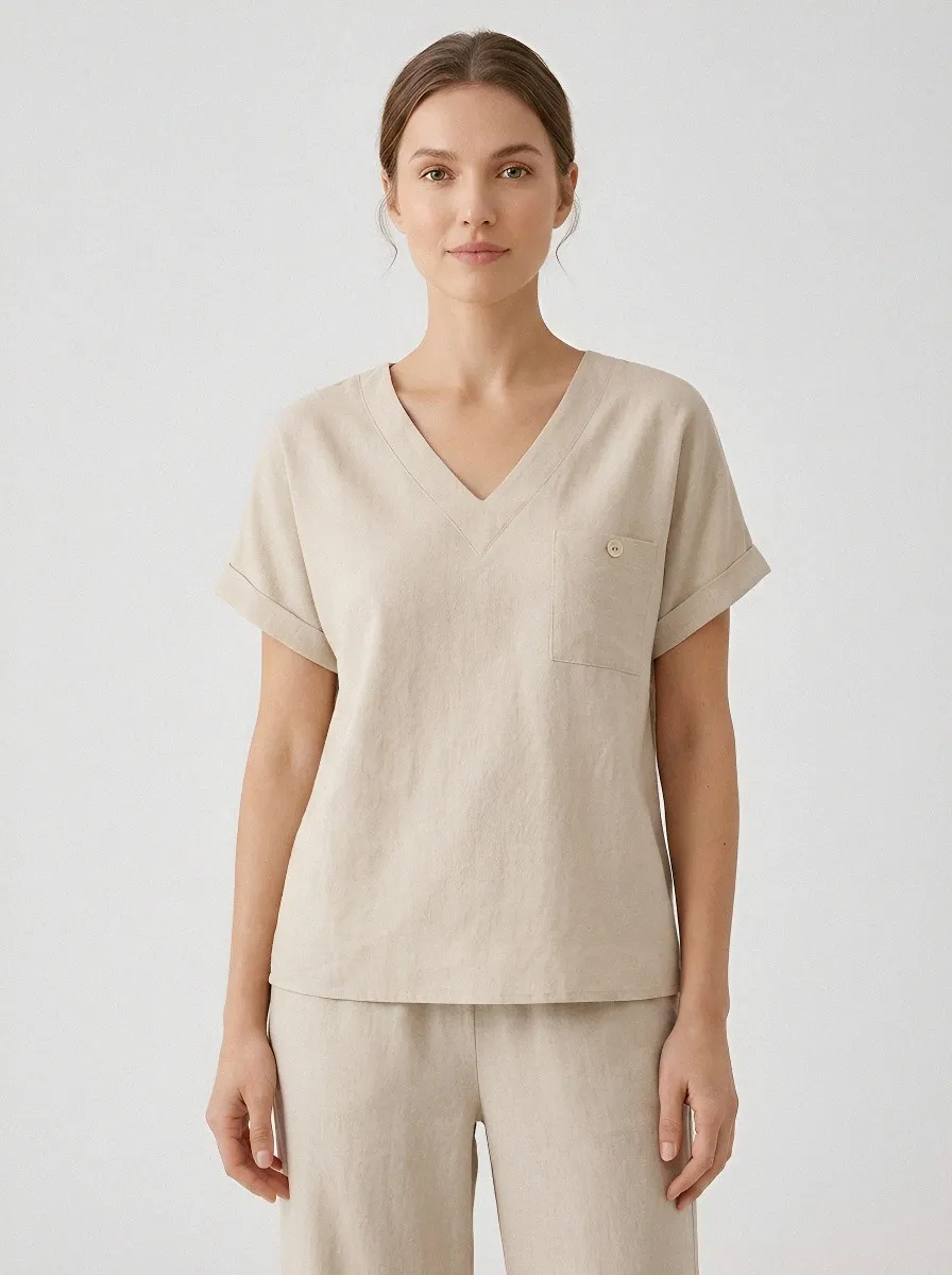 Short-Sleeve Button-Front Linen-Blend Women's V-Neck Shirt