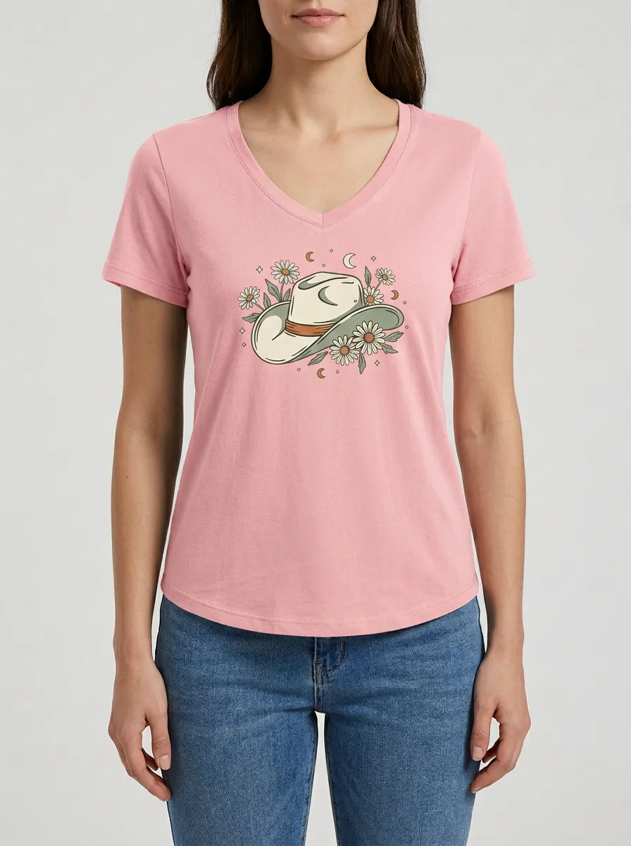 Women's Cowgirl Daisy & Moon Graphic V-Neck T-Shirt
