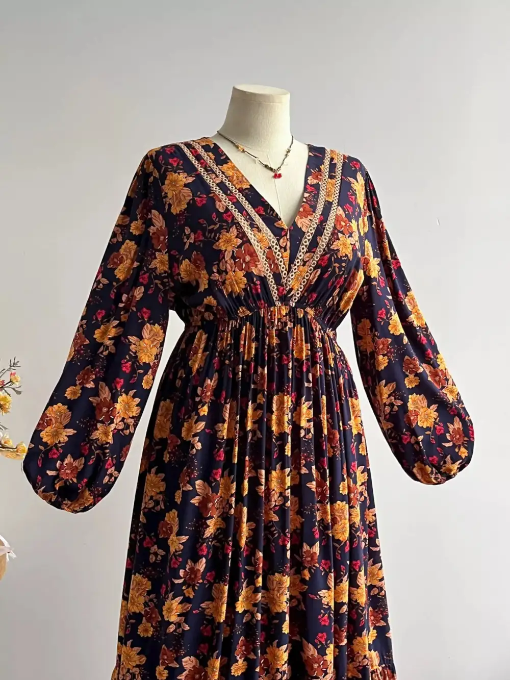 Plus Size Floral Print V Neck Maxi Dress