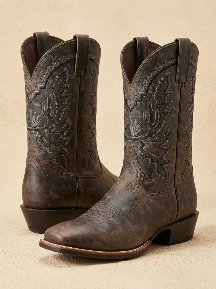 Unisex Classic Western Cactus Embroidered Distressed Pattern Western Cowboy Boots