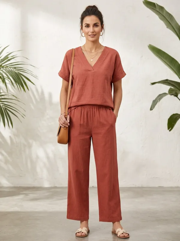 Short-Sleeve Cuffed-Sleeve Women's V-Neck Shirt