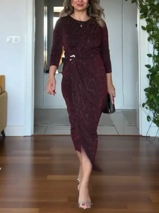 Shiny Pleated Tailored Midi Dress