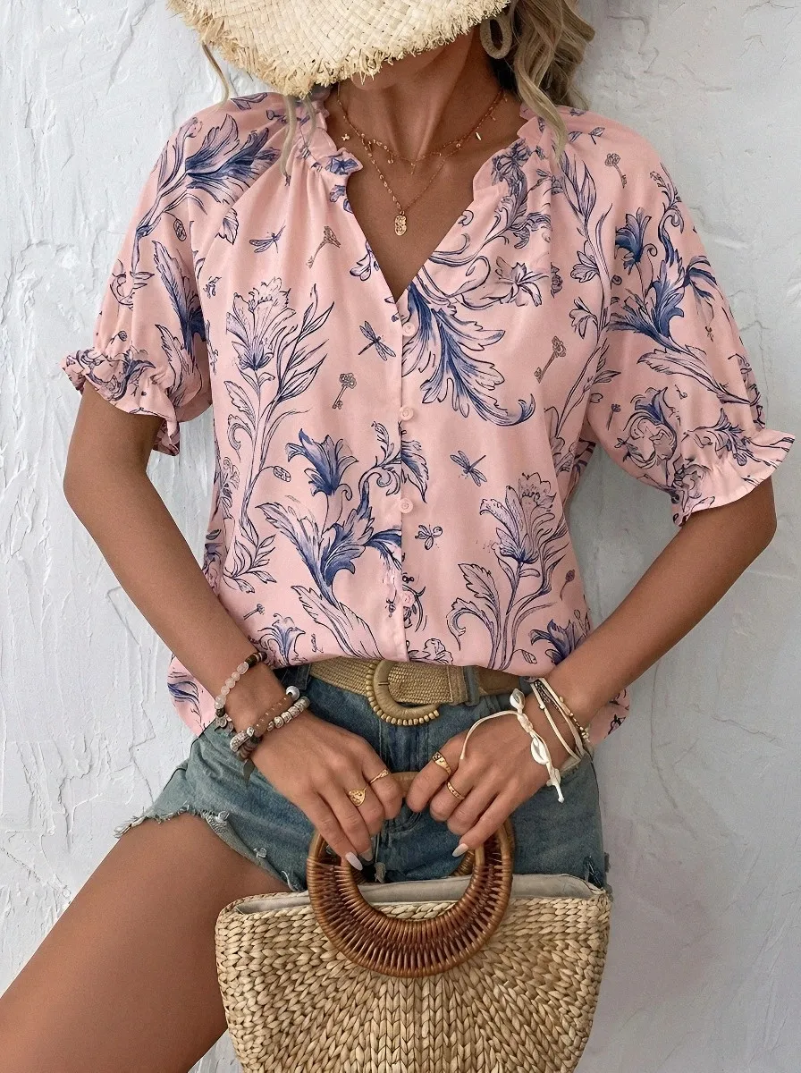 Women's Vintage Floral Dragonfly Key Printed Button-Up Blouse